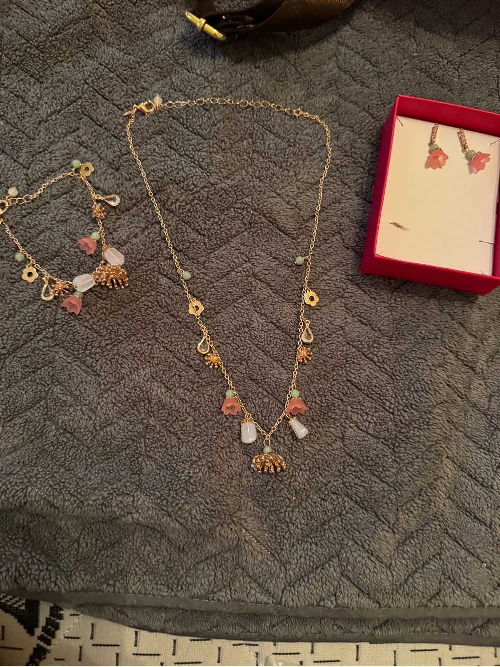Necklace bracelet earrings with Pink and White Accents